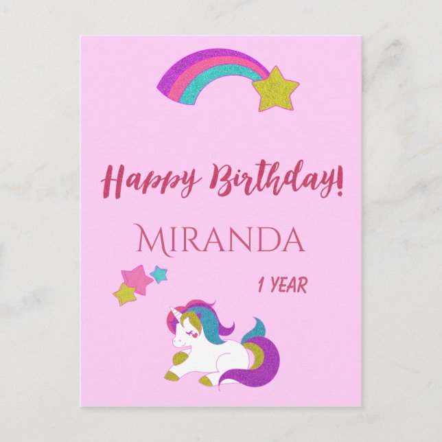 Cute unicorn magical day happy 1st birthday postcard (Front)