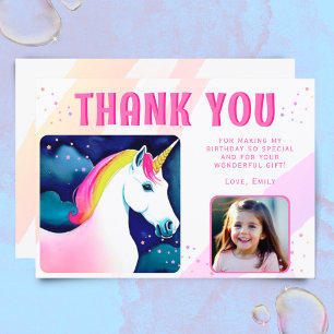 Cute Unicorn Magical Girl Birthday Photo Thank You Card
