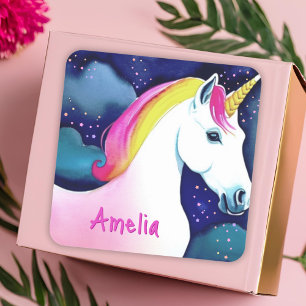 Cute Unicorn Magical Stars Drawing Girl Name Square Sticker