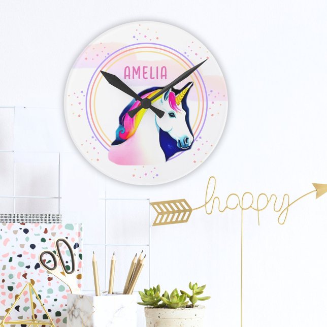 Cute Unicorn Magical Stars Girl Name  Round Clock (Creator Uploaded)