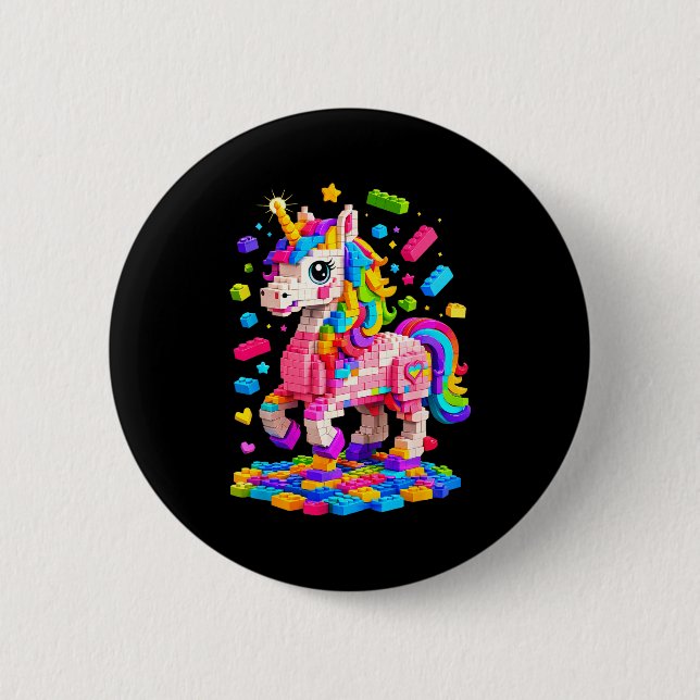 Cute unicorn master builder building bricks blocks 6 cm round badge (Front)