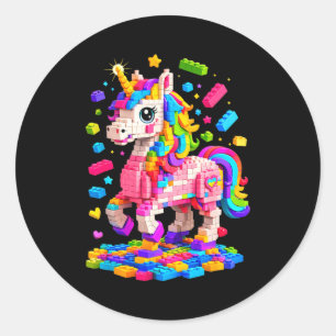Cute unicorn master builder building bricks blocks classic round sticker