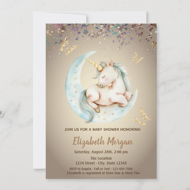 Cute Unicorn Moon Butterfly Confetti Baby Shower  Invitation (Front)