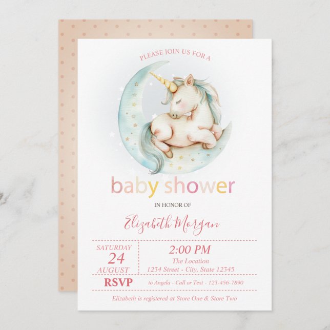 Cute Unicorn Moon Dotted Baby Shower Invitation (Front/Back)