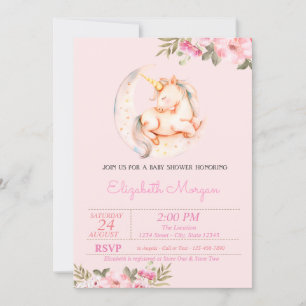 Cute Unicorn Moon Floral Baby Shower Invitation