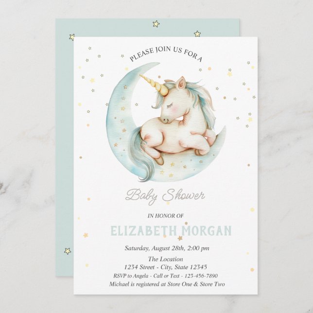 Cute Unicorn Moon Stars Baby Shower  Invitation (Front/Back)