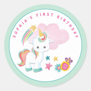 Cute Unicorn Name First Birthday Party Pale Green Classic Round Sticker