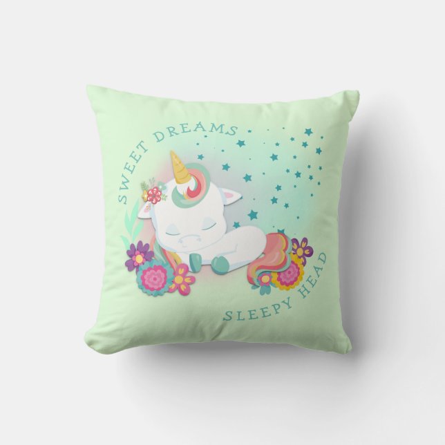 Cute Unicorn Name Sweet Dreams Sleepy Head Green Cushion (Front)
