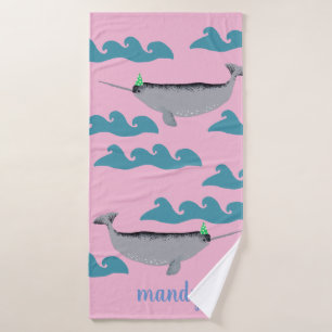 Cute Unicorn Narwhal Whale Sea Kids Name Pink Bath Towel