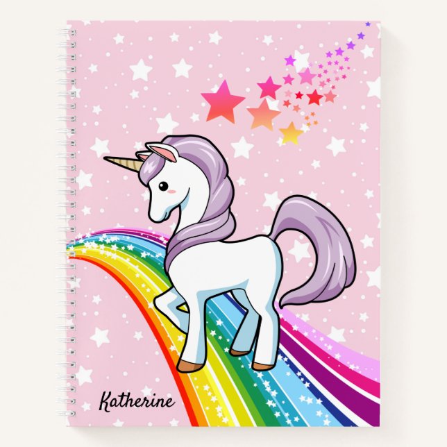 Cute Unicorn On A Rainbow Add Name Notebook (Front)