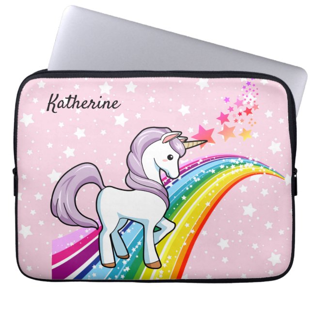 Cute Unicorn On A Rainbow Add Name Padded Laptop S Sleeve (Front)