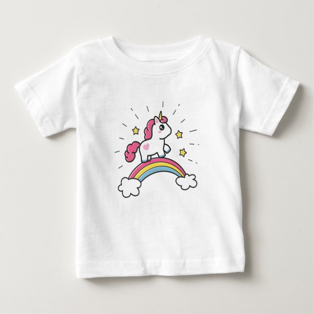 Cute Unicorn On A Rainbow Design Baby T-Shirt (Front)