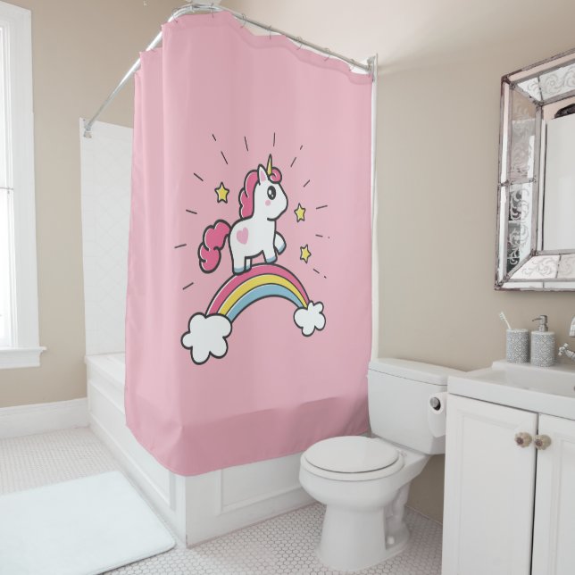Cute Unicorn On A Rainbow Design Shower Curtain (In Situ)