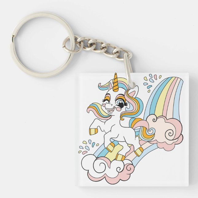 Cute unicorn on a rainbow key ring (Front)