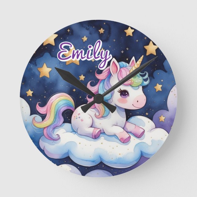 Cute Unicorn on Cloud Editable Name Clock (Front)