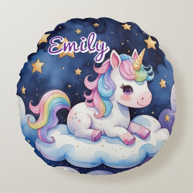 Cute Unicorn on Cloud Editable Name Round Pillow (Front)