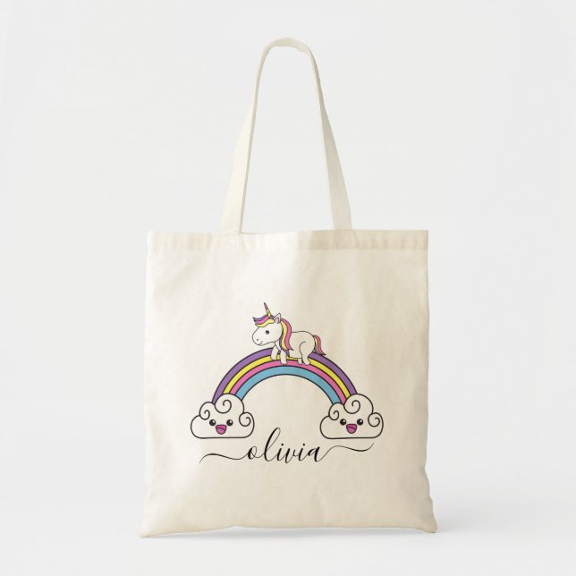 Cute Unicorn On Rainbow Custom Name Tote Bag (Front)