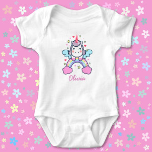 Cute Unicorn Pastel Colours Rainbow Custom Name Baby Bodysuit