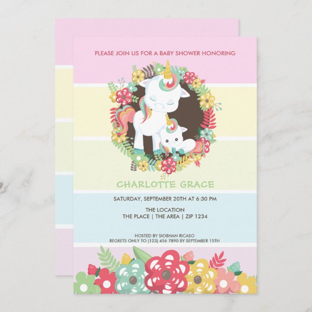 Cute Unicorn Personalised Baby Shower Invitation (Front/Back)