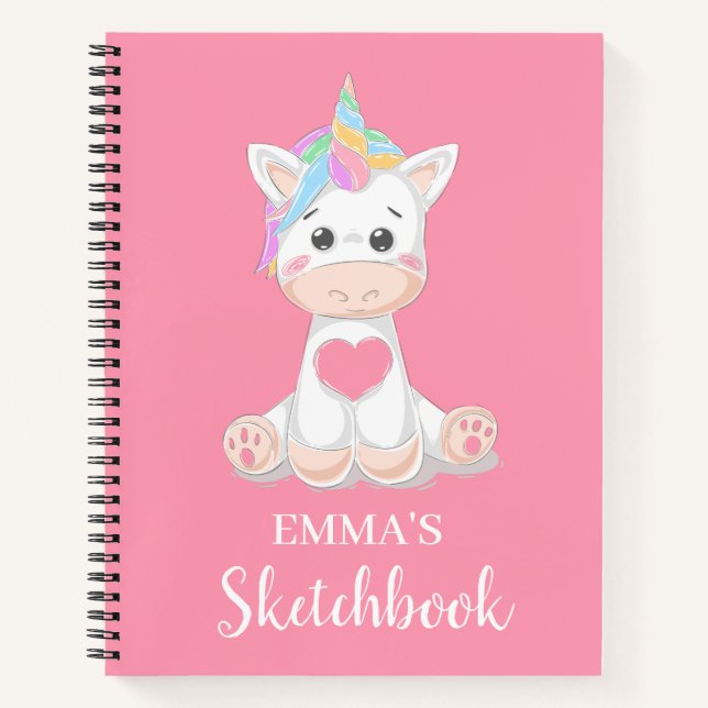 Cute Unicorn Personalised Kids Sketchbook Notebook (Front)