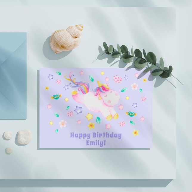 Cute Unicorn - Personalised Lavender Kids Birthday Postcard (Creator Uploaded)