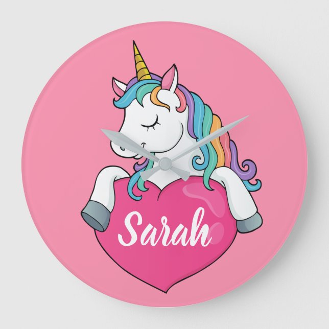 Cute Unicorn Personalised Name  Large Clock (Front)