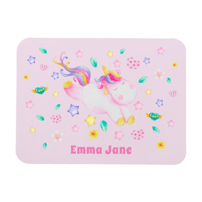 Cute Unicorn - Personalised Pink Kids  Magnet (Horizontal)