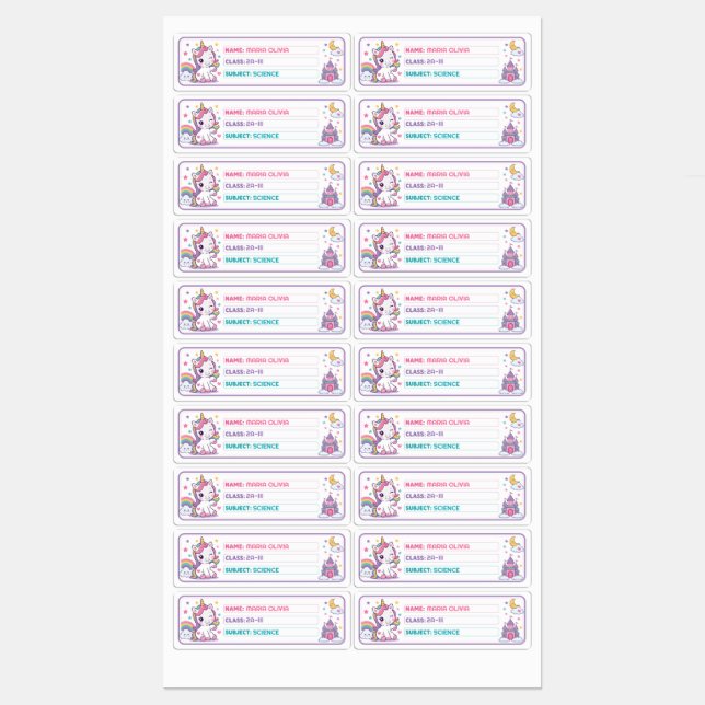 Cute Unicorn Personalised School Name (Sheet)