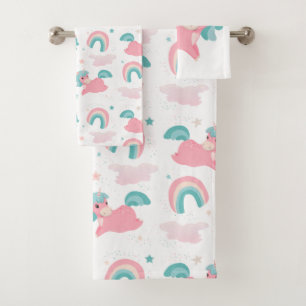 Cute Unicorn Pink and Mint Pattern Bath Towel Set