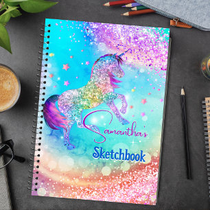 Cute unicorn pink aqua faux glitter custom gift notebook