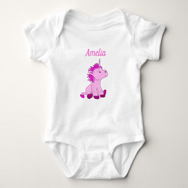 Cute Unicorn Pink Baby Girl Name Baby Bodysuit (Front)