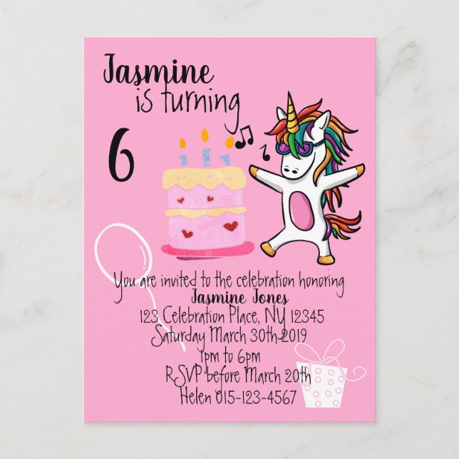 Cute Unicorn Pink Birthday Invitation Postcard (Front)