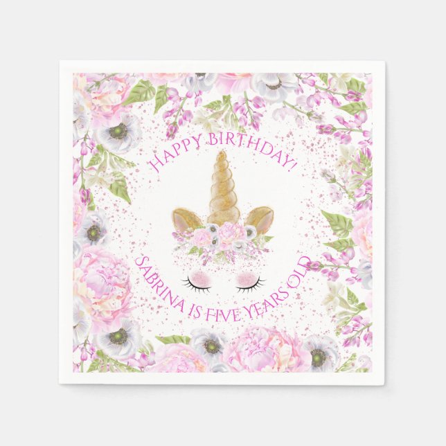 Cute Unicorn Pink Birthday Party WhimsicalArtwork™ Napkin (Front)