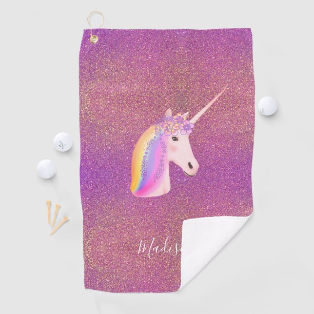 Cute Unicorn Pink Faux Glitter Personalised Golf Towel (InSitu)