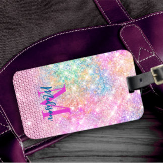cute unicorn pink faux glitter rhinestone monogram luggage tag