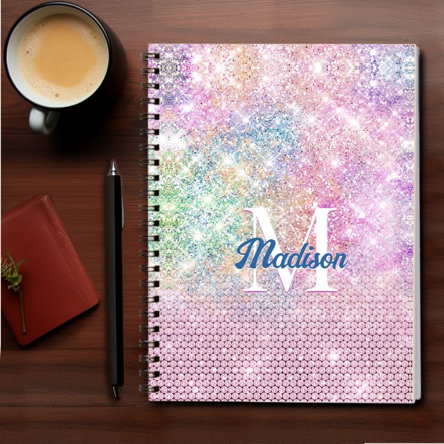 cute unicorn pink faux glitter rhinestone monogram notebook (Creator Uploaded)