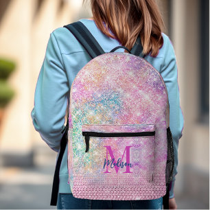 cute unicorn pink faux glitter rhinestone monogram printed backpack