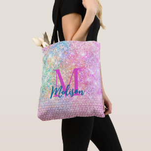 cute unicorn pink faux glitter rhinestone monogram tote bag