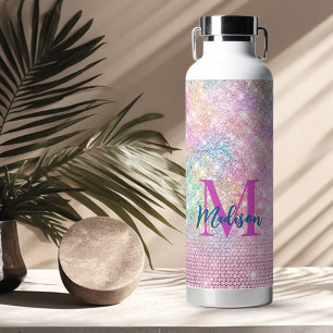cute unicorn pink faux glitter rhinestone monogram water bottle