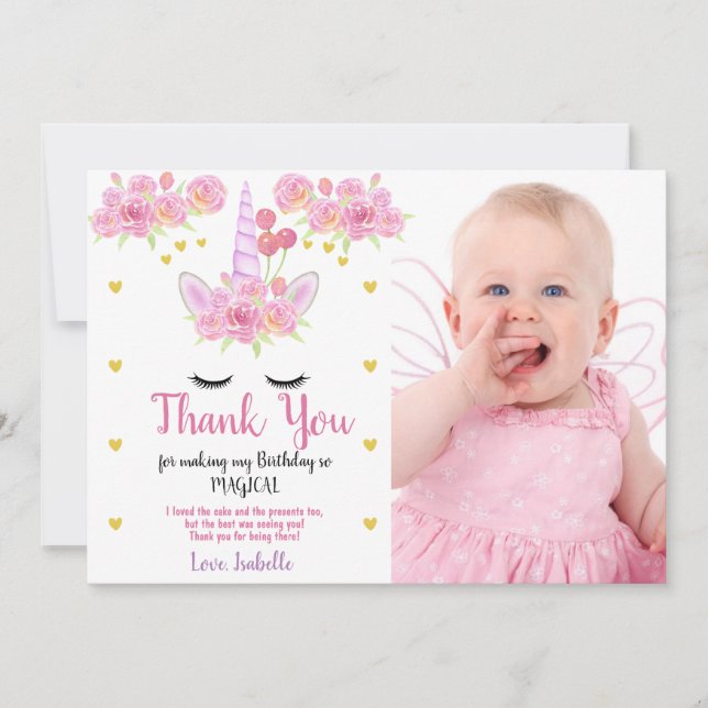 Cute Unicorn Pink Florals Photo Birthday Thank You Card (Front)