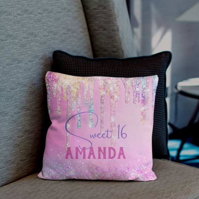 Cute unicorn pink glitter birthday monogram cushion (Creator Uploaded)