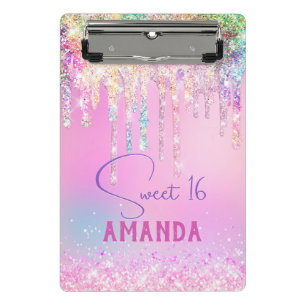Cute unicorn pink glitter birthday monogram mini clipboard