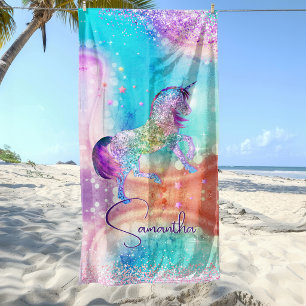 Cute unicorn pink Glitter rainbow aqua monogram Beach Towel