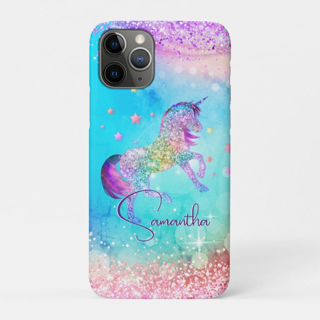 Cute unicorn pink Glitter rainbow aqua monogram Case-Mate iPhone Case (Back)