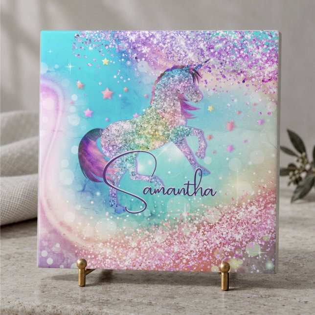 Cute unicorn pink Glitter rainbow aqua monogram Ceramic Tile (Creator Uploaded)