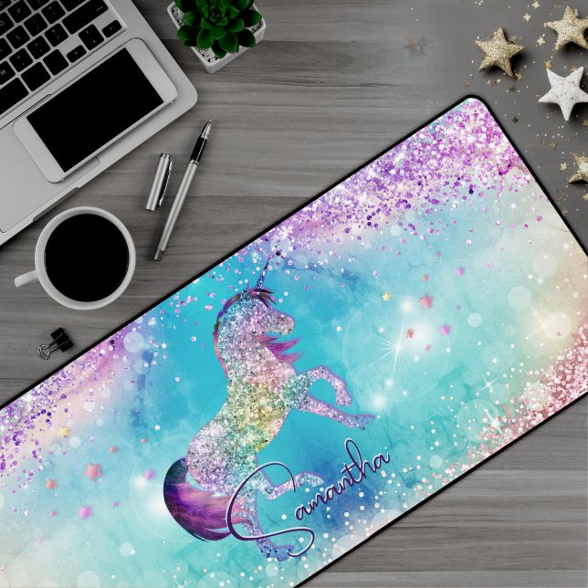 Cute unicorn pink Glitter rainbow aqua monogram Desk Mat (Creator Uploaded)