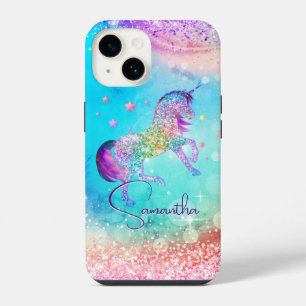 Cute unicorn pink Glitter rainbow aqua monogram iPhone 14 Case