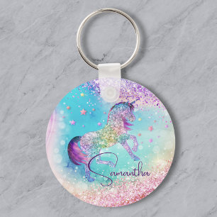 Cute unicorn pink Glitter rainbow aqua monogram Key Ring