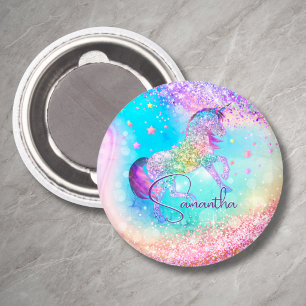 Cute unicorn pink Glitter rainbow aqua monogram Magnet