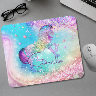 Cute unicorn pink Glitter rainbow aqua monogram Mouse Pad